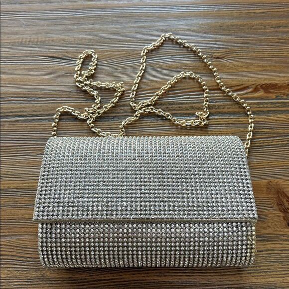 Handbags - Sparkling Rhinestone Gold Clutch With Gold Chain